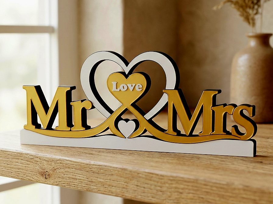 Elegant Mr & Mrs Wedding Decor | 3D Printed Sign — vue 1