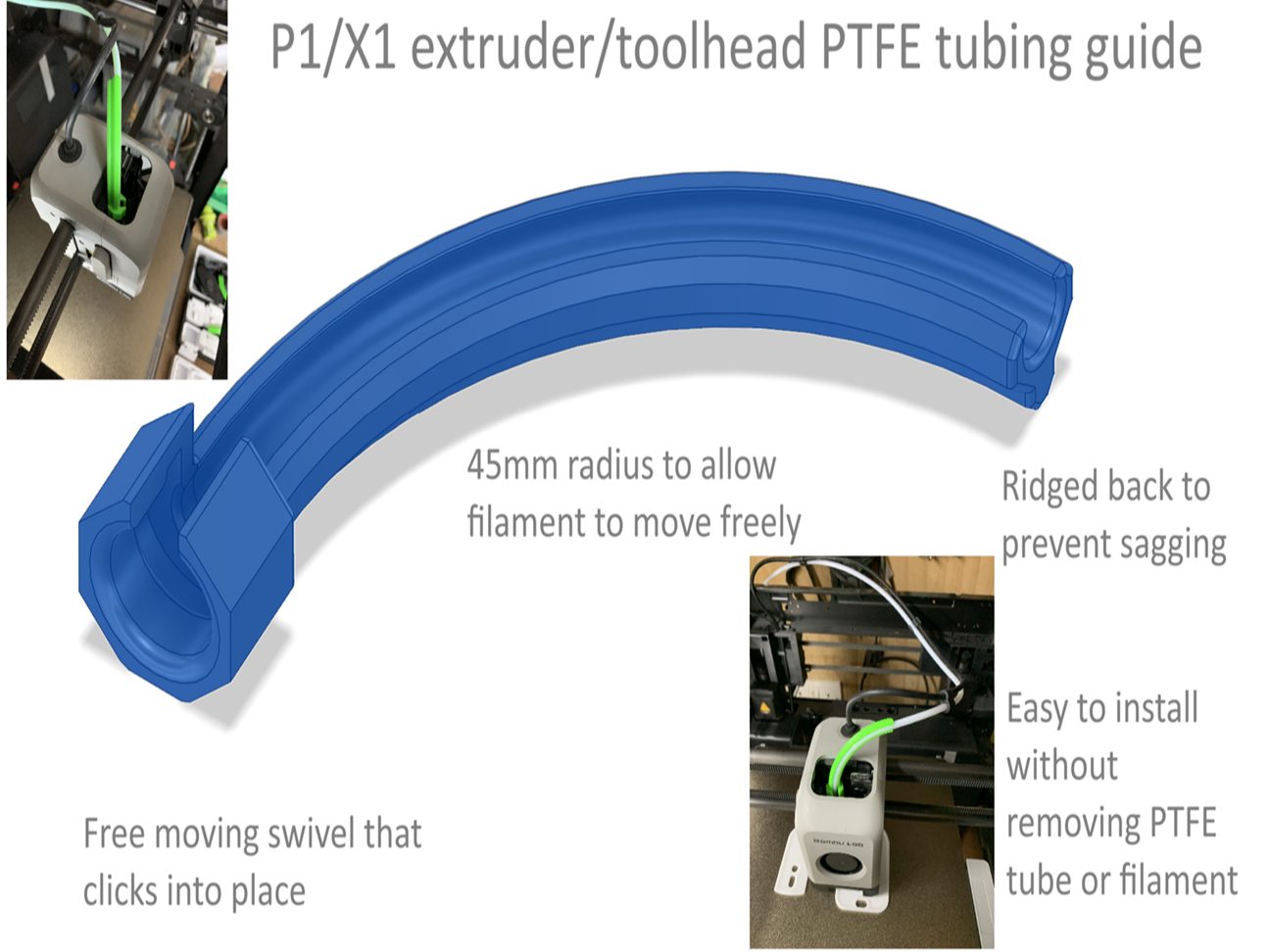 Extruder / toolhead PTFE guide for Bambu P1+2/ X1 — vue 1